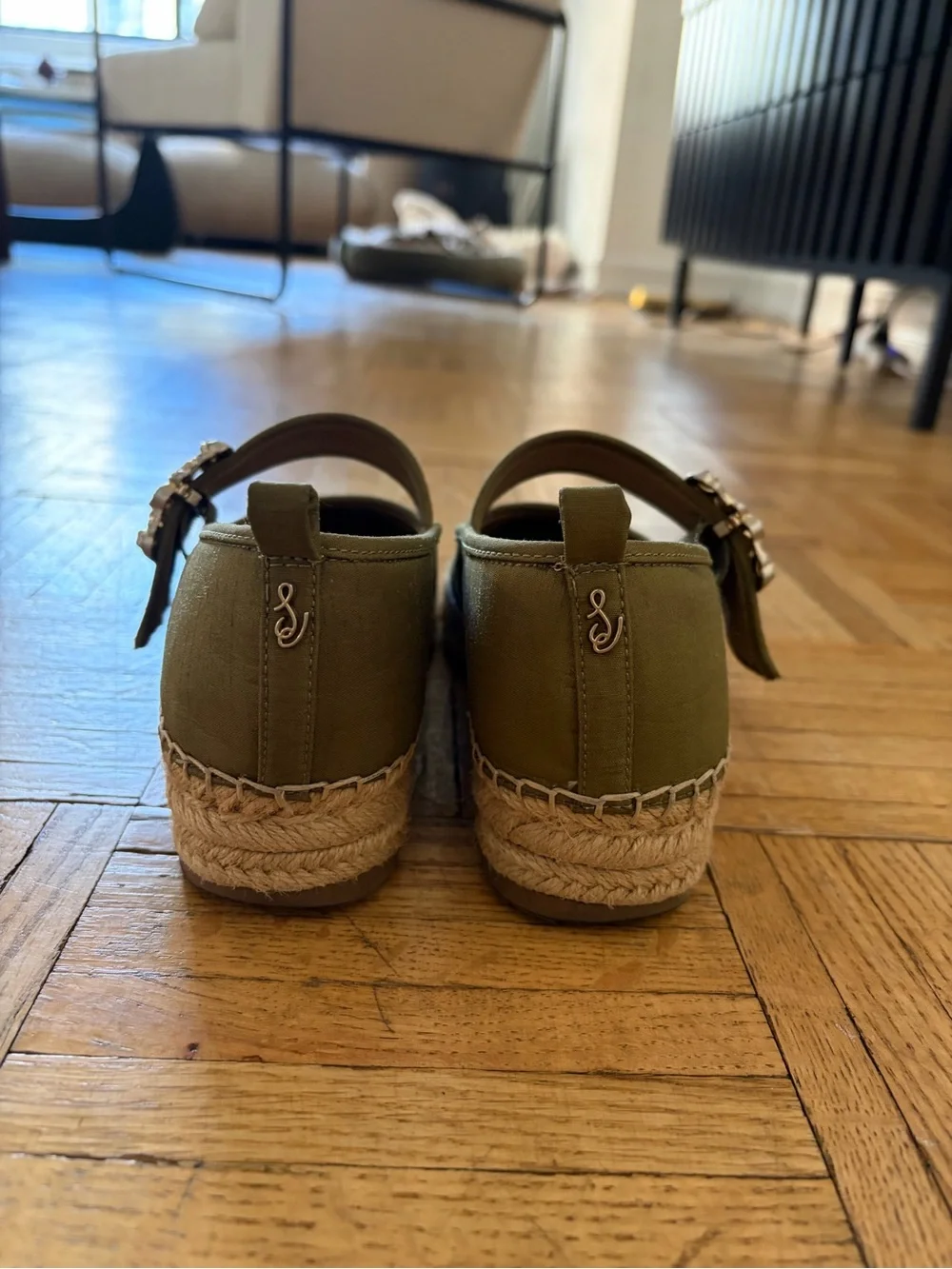 Sam Edelman Olive Green Espadrille Mary Janes with Decorative Gold Buckle